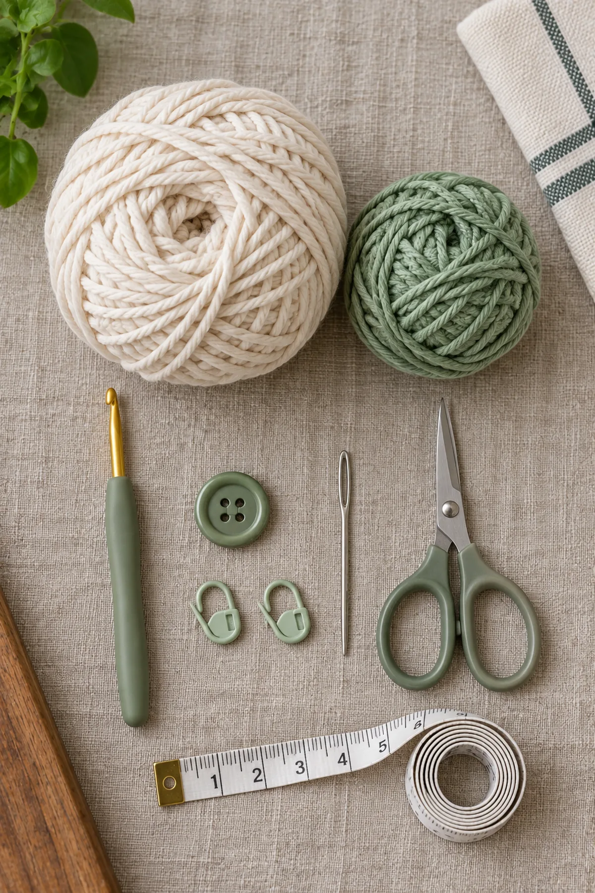 Materials for easy crochet lattice kitchen towel holder pattern including yarn, crochet hook, markers, needle, tape measure, and scissors