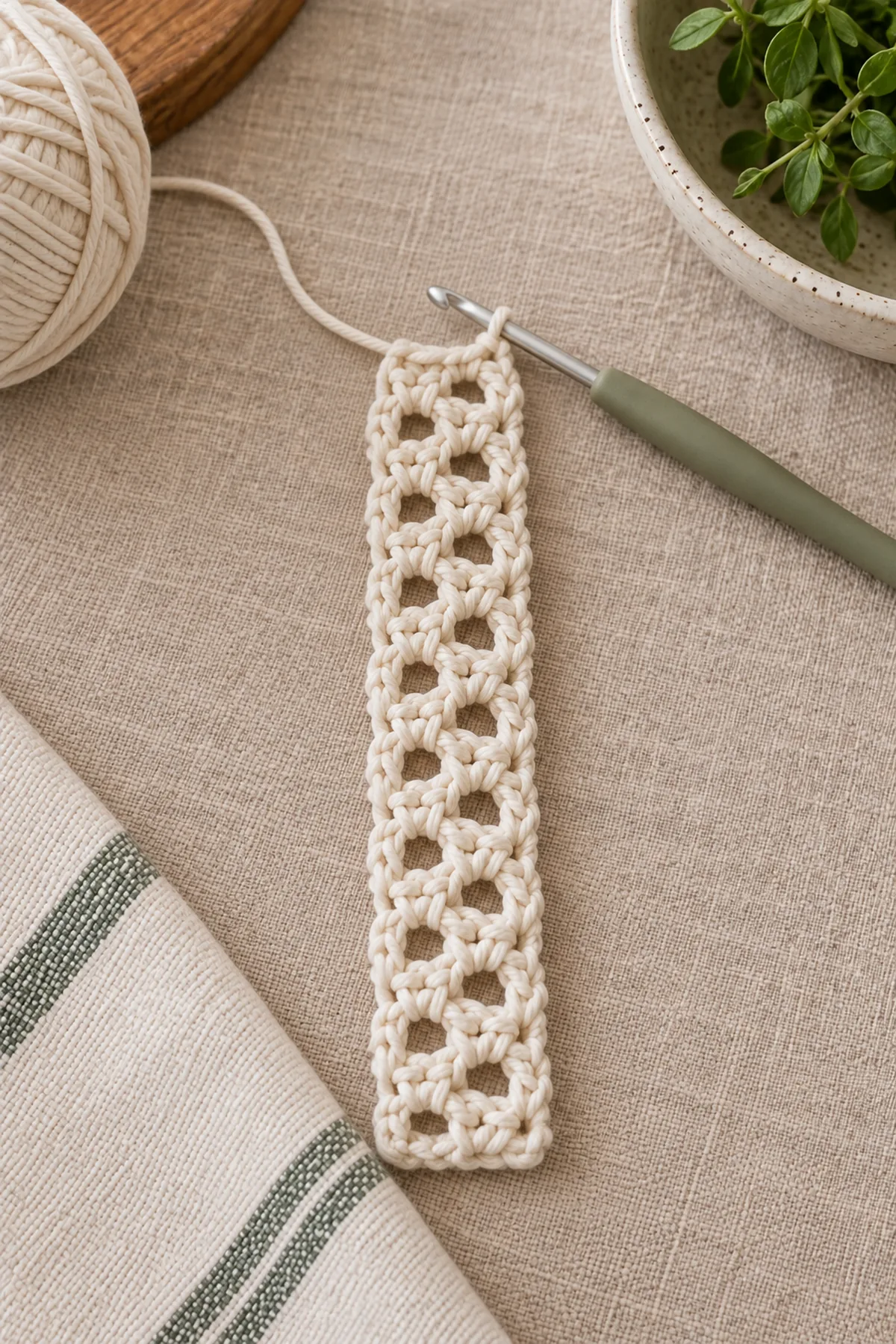 Early crochet construction stage for easy crochet lattice kitchen towel holder pattern with working yarn and hook