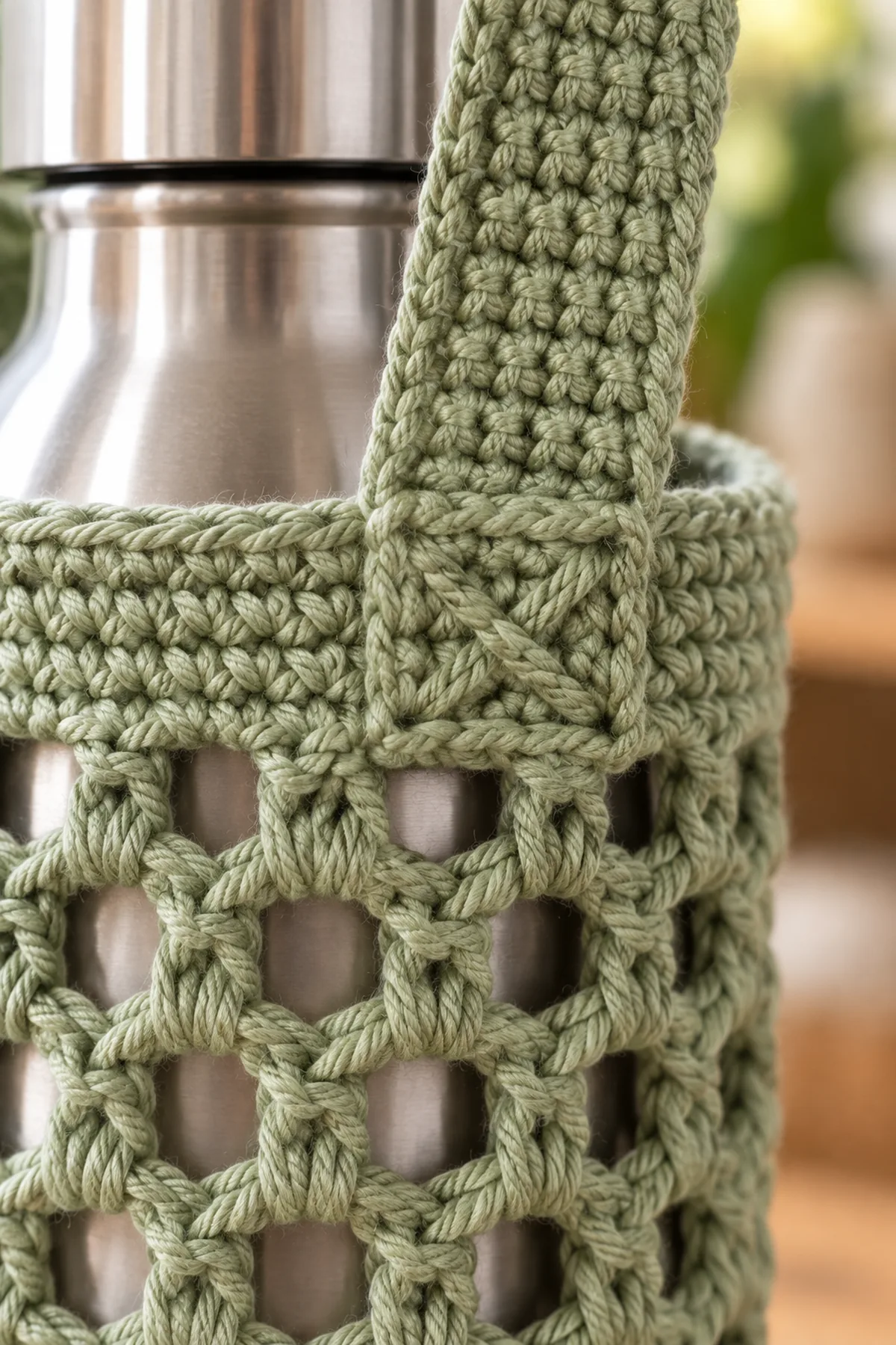 Close-up of reinforced strap attachment at the crochet bottle holder rim