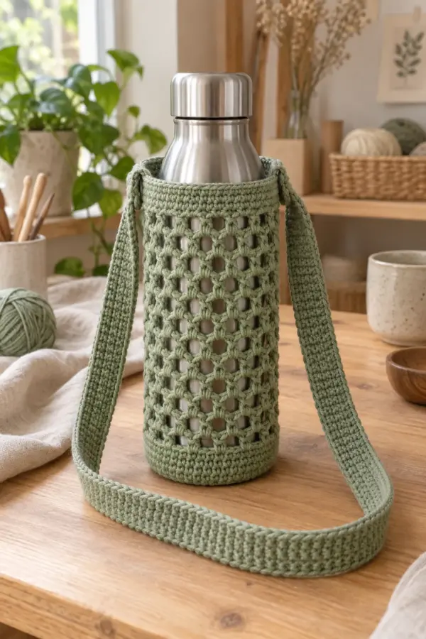 Finished sage cotton crochet water bottle holder with ribbed crossbody strap