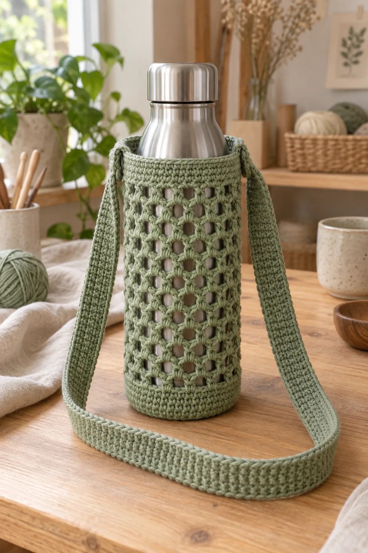 Finished sage cotton crochet water bottle holder with ribbed crossbody strap