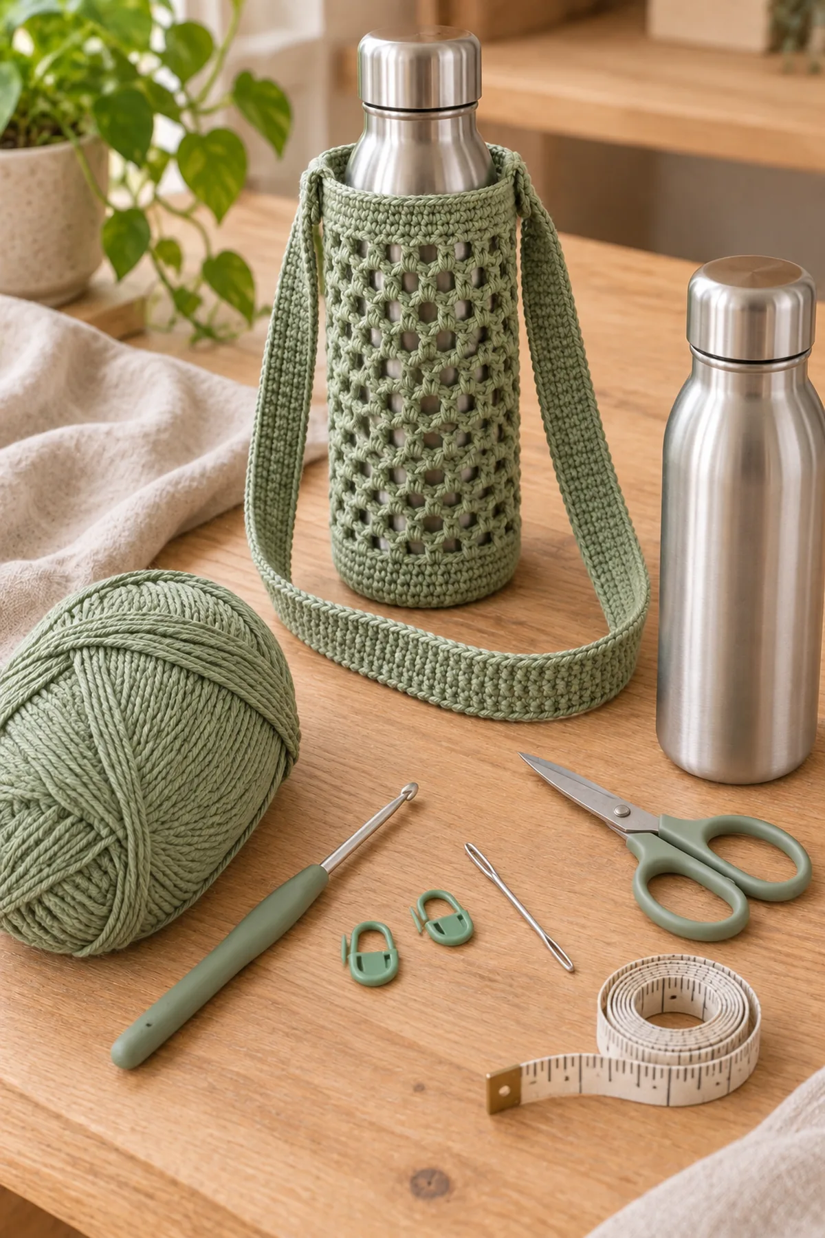 Sage cotton yarn, crochet hook, markers, tape measure, needle, scissors, and reusable bottle
