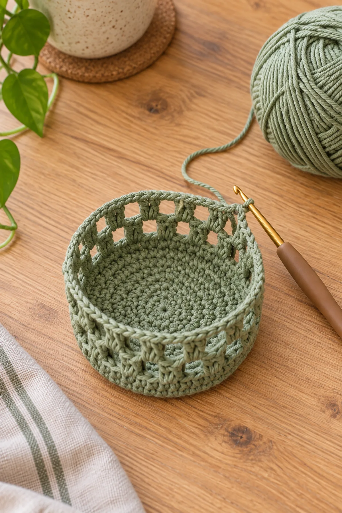 Crochet water bottle sleeve with circular base and early mesh rounds