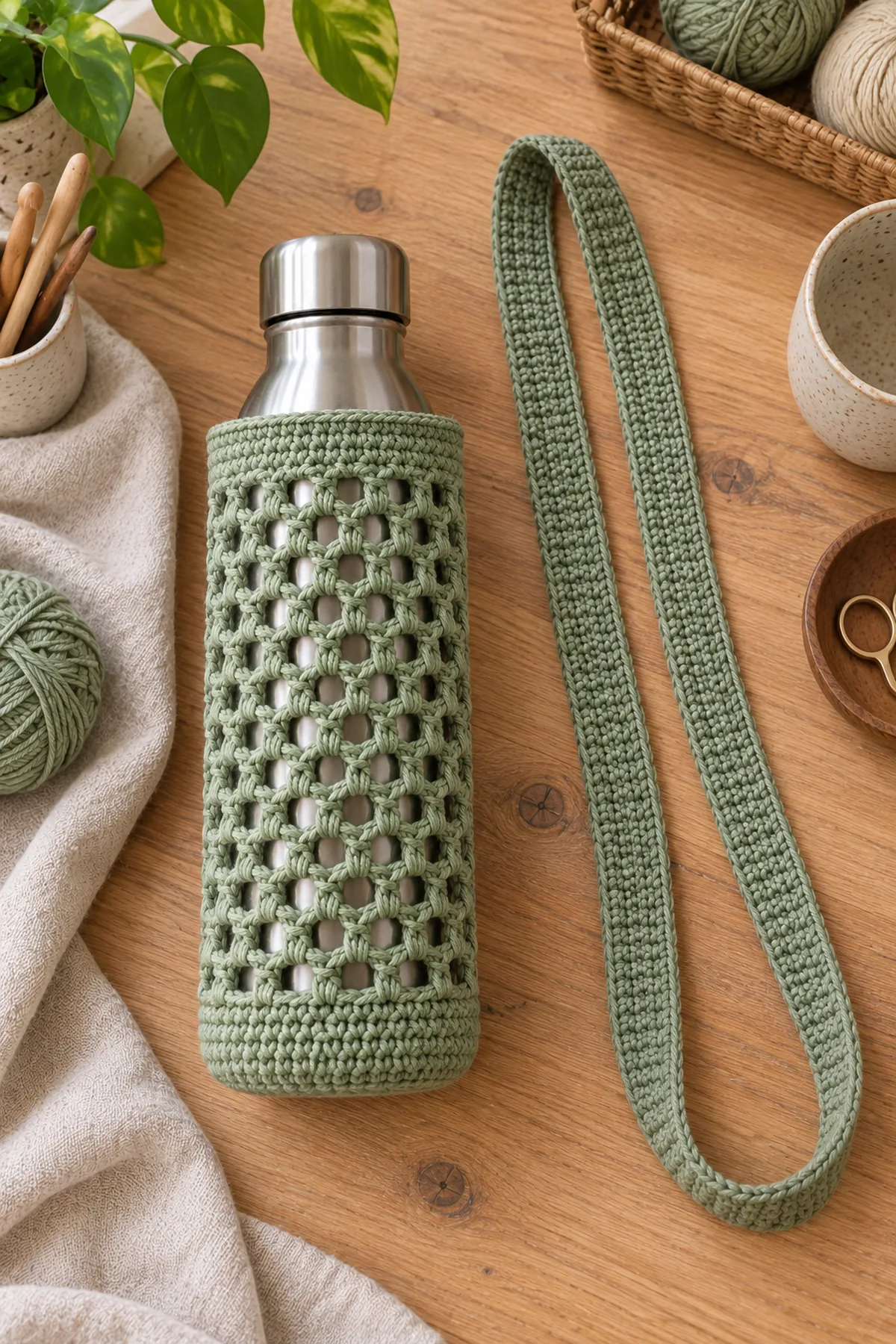 Long ribbed crochet strap beside the completed mesh bottle sleeve