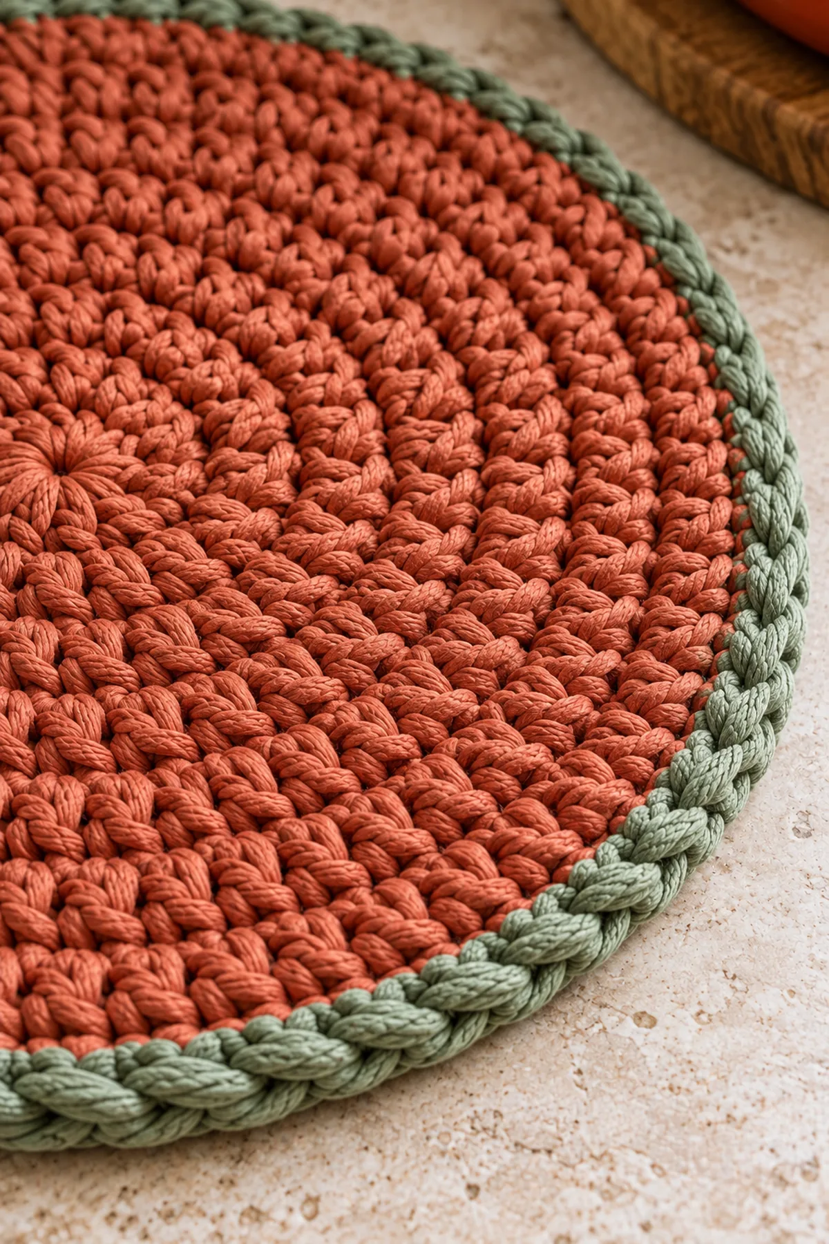 Close-up of stitch texture and finishing details on easy crochet round kitchen trivet for beginners