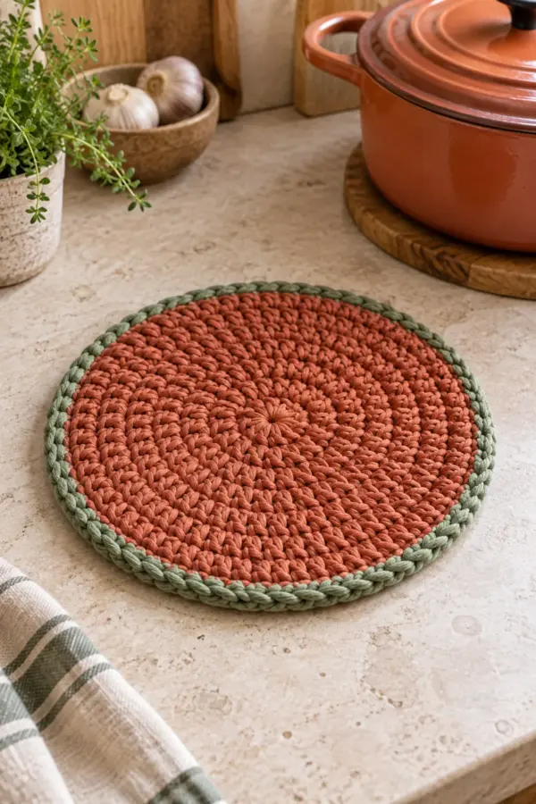 Finished easy crochet round kitchen trivet for beginners displayed with a clean handmade finish