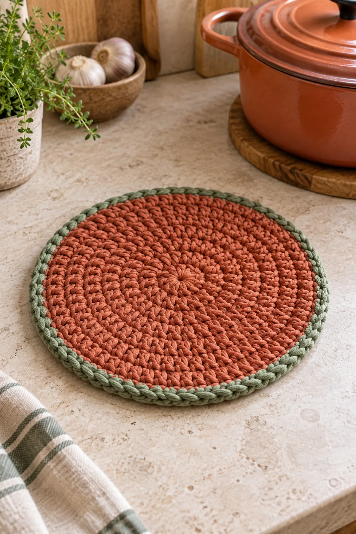 Finished easy crochet round kitchen trivet for beginners displayed with a clean handmade finish