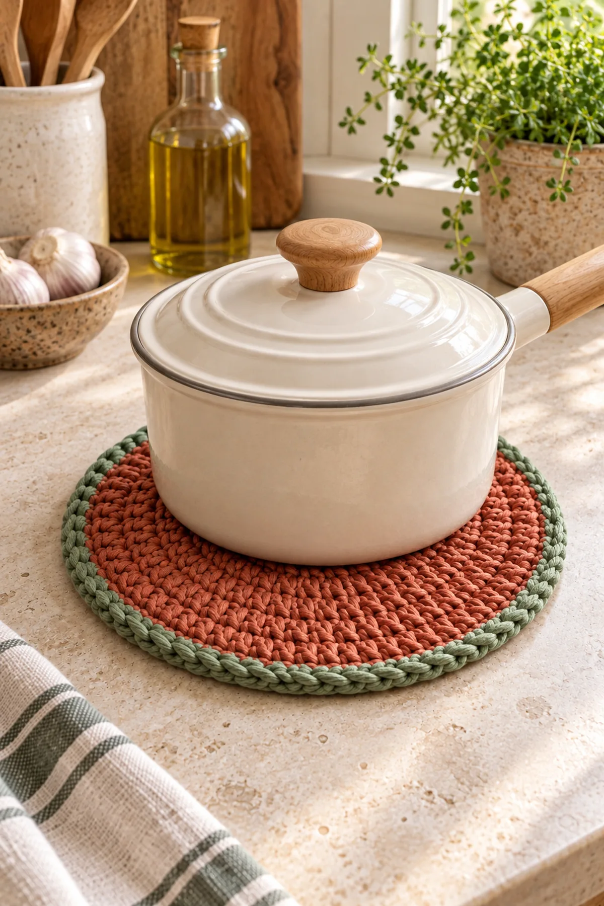 Finished easy crochet round kitchen trivet for beginners styled in a bright natural setting