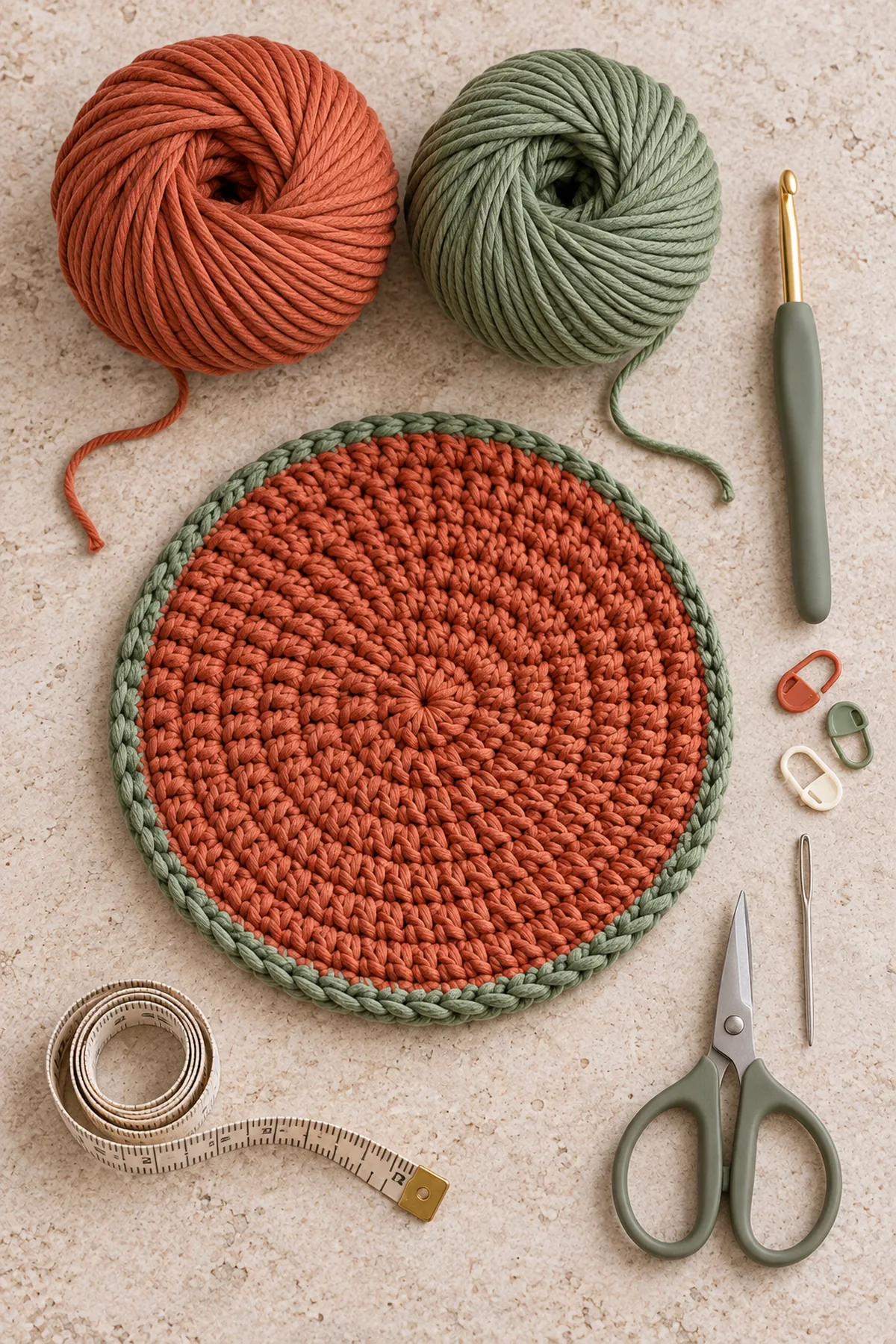 Materials for easy crochet round kitchen trivet for beginners including yarn, crochet hook, markers, needle, tape measure, and scissors