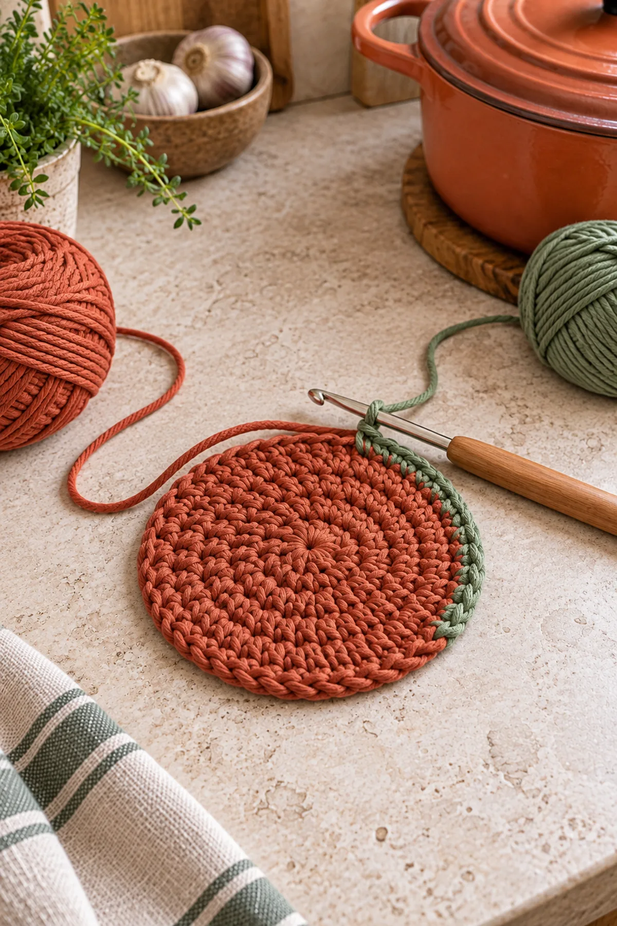 Early crochet construction stage for easy crochet round kitchen trivet for beginners with working yarn and hook