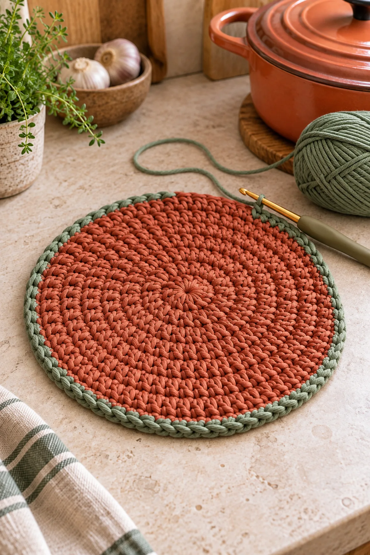 Mid-process crochet construction and shaping for easy crochet round kitchen trivet for beginners