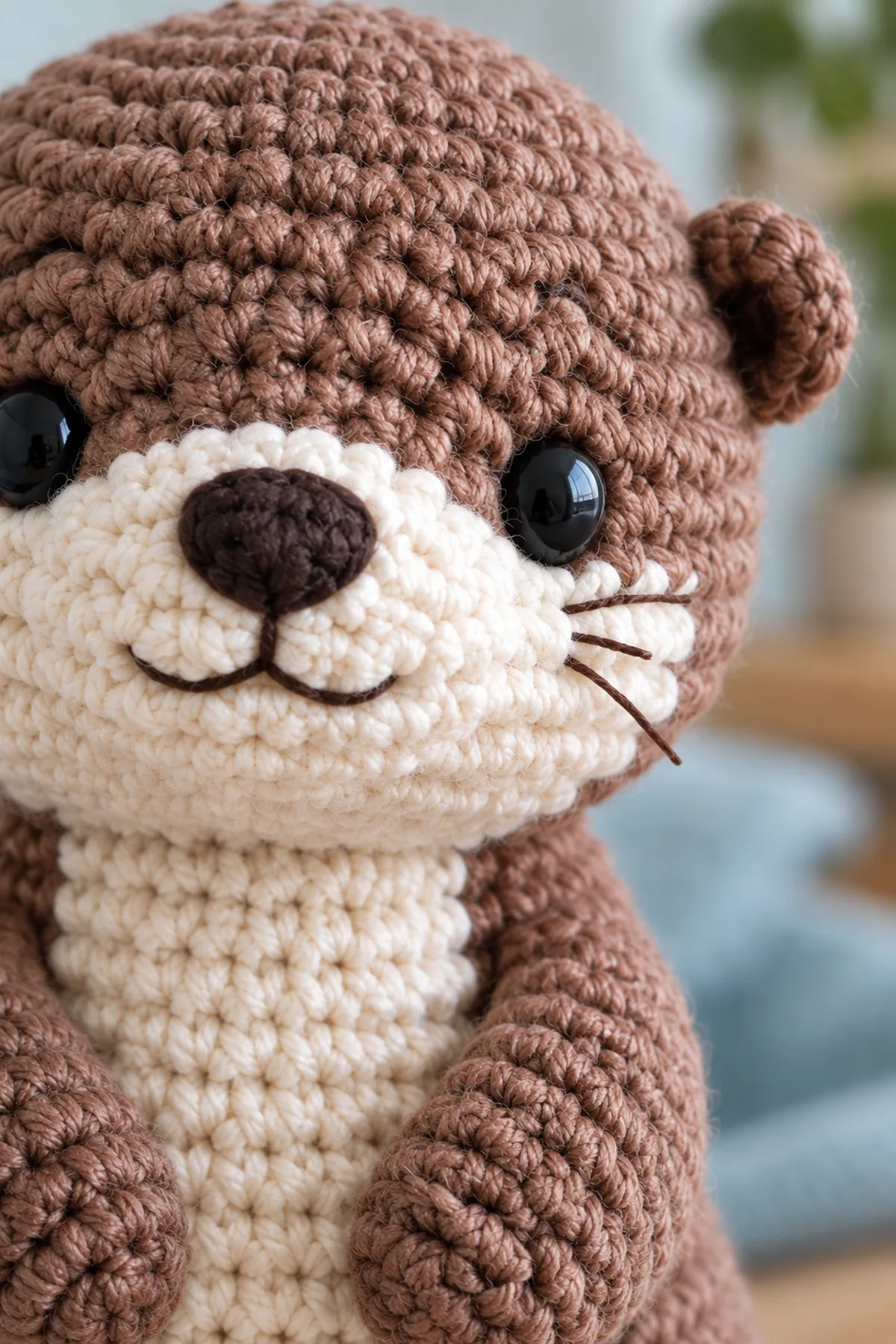 Close-up of stitch texture and finishing details on mini crochet otter amigurumi