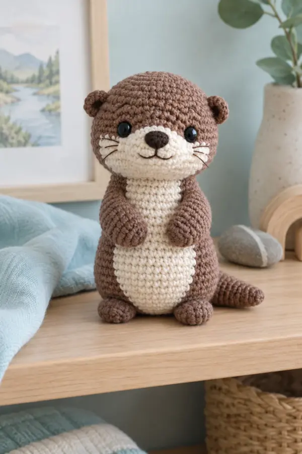 Finished mini crochet otter amigurumi displayed with a clean handmade finish