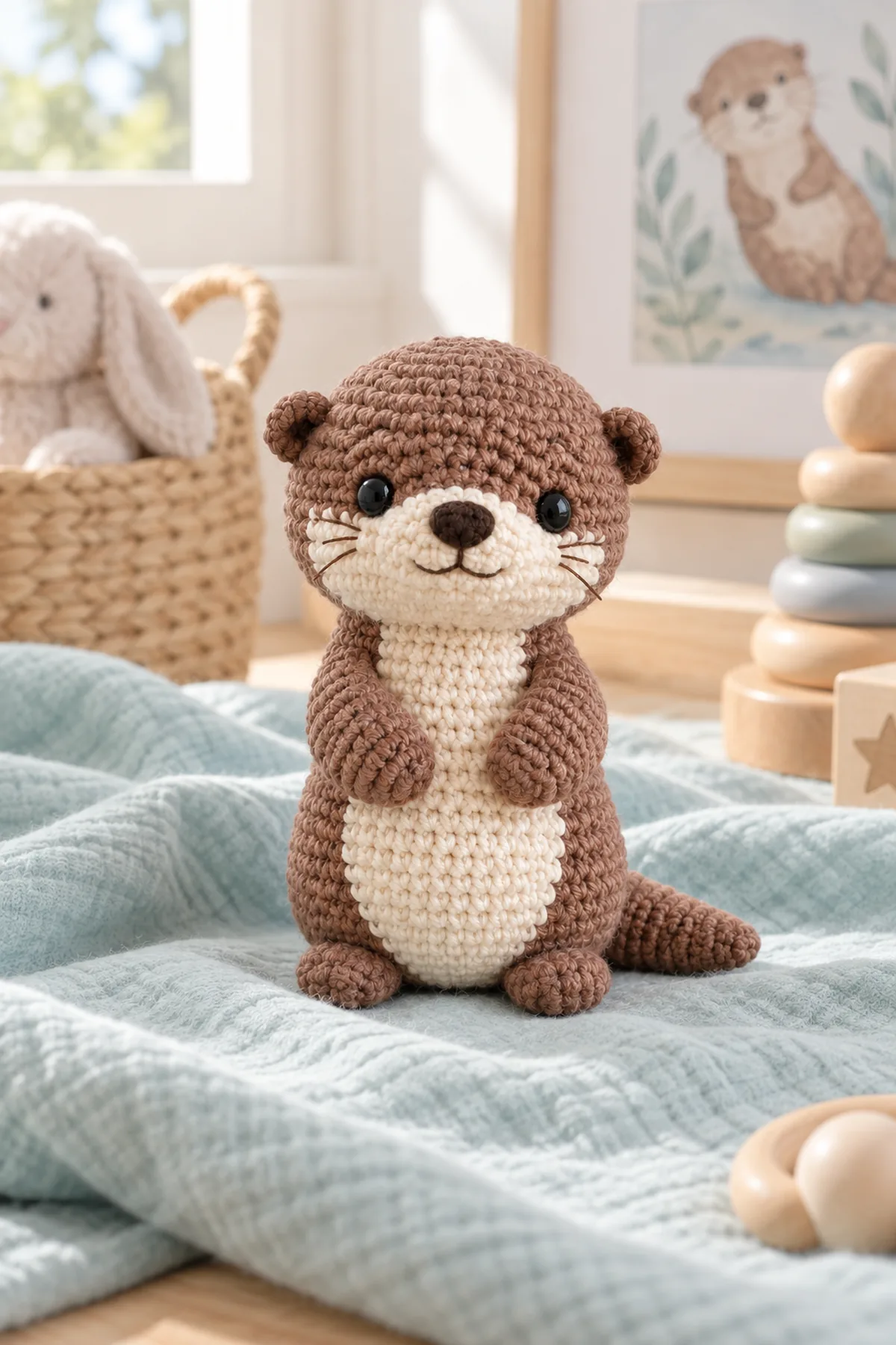 Finished mini crochet otter amigurumi styled in a bright natural setting