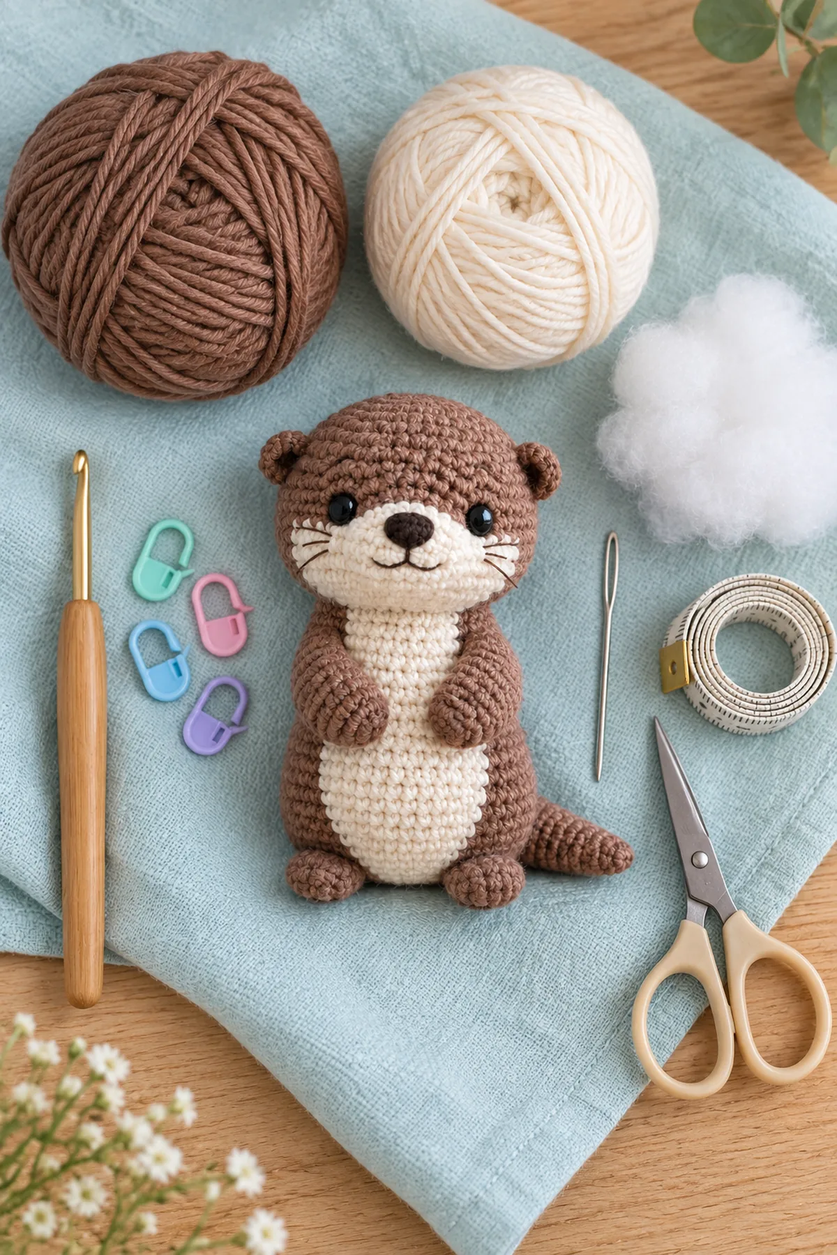 Materials for mini crochet otter amigurumi including yarn, crochet hook, markers, needle, tape measure, and scissors
