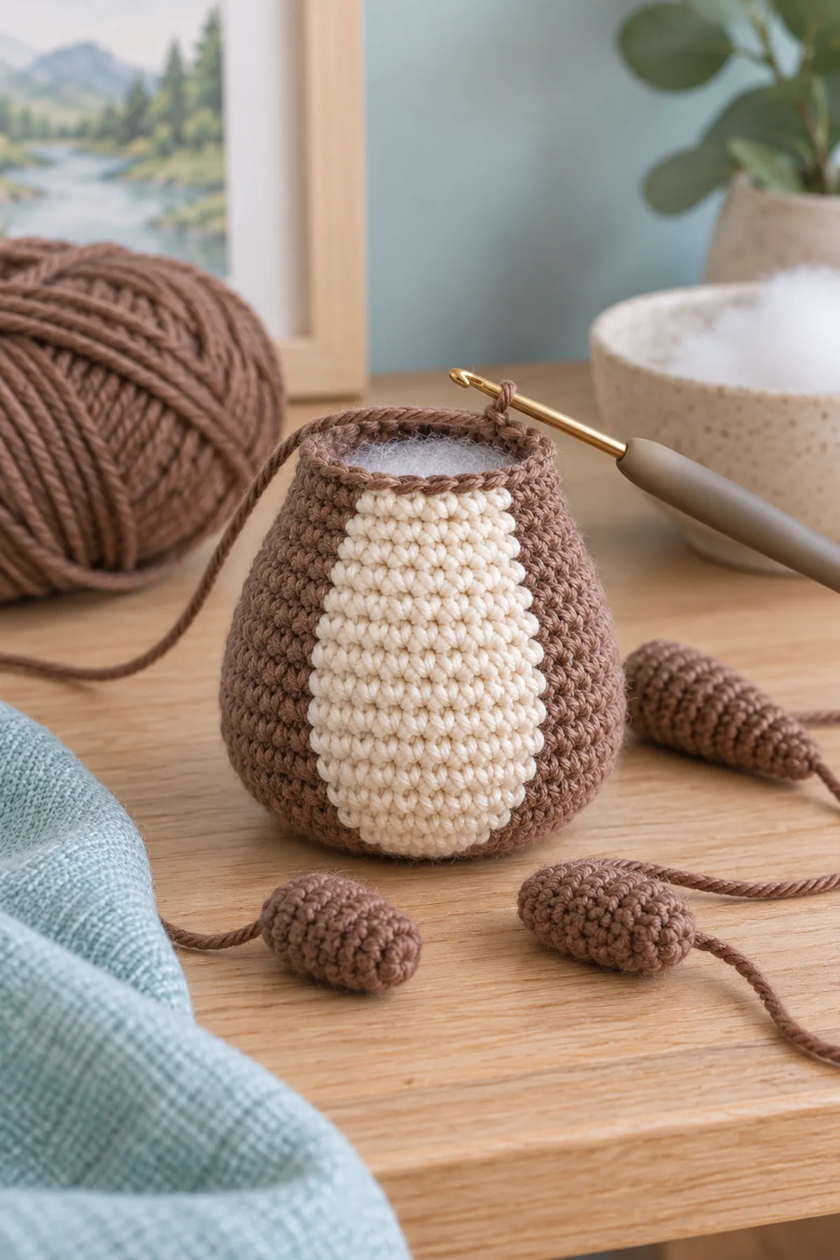 Early crochet construction stage for mini crochet otter amigurumi with working yarn and hook