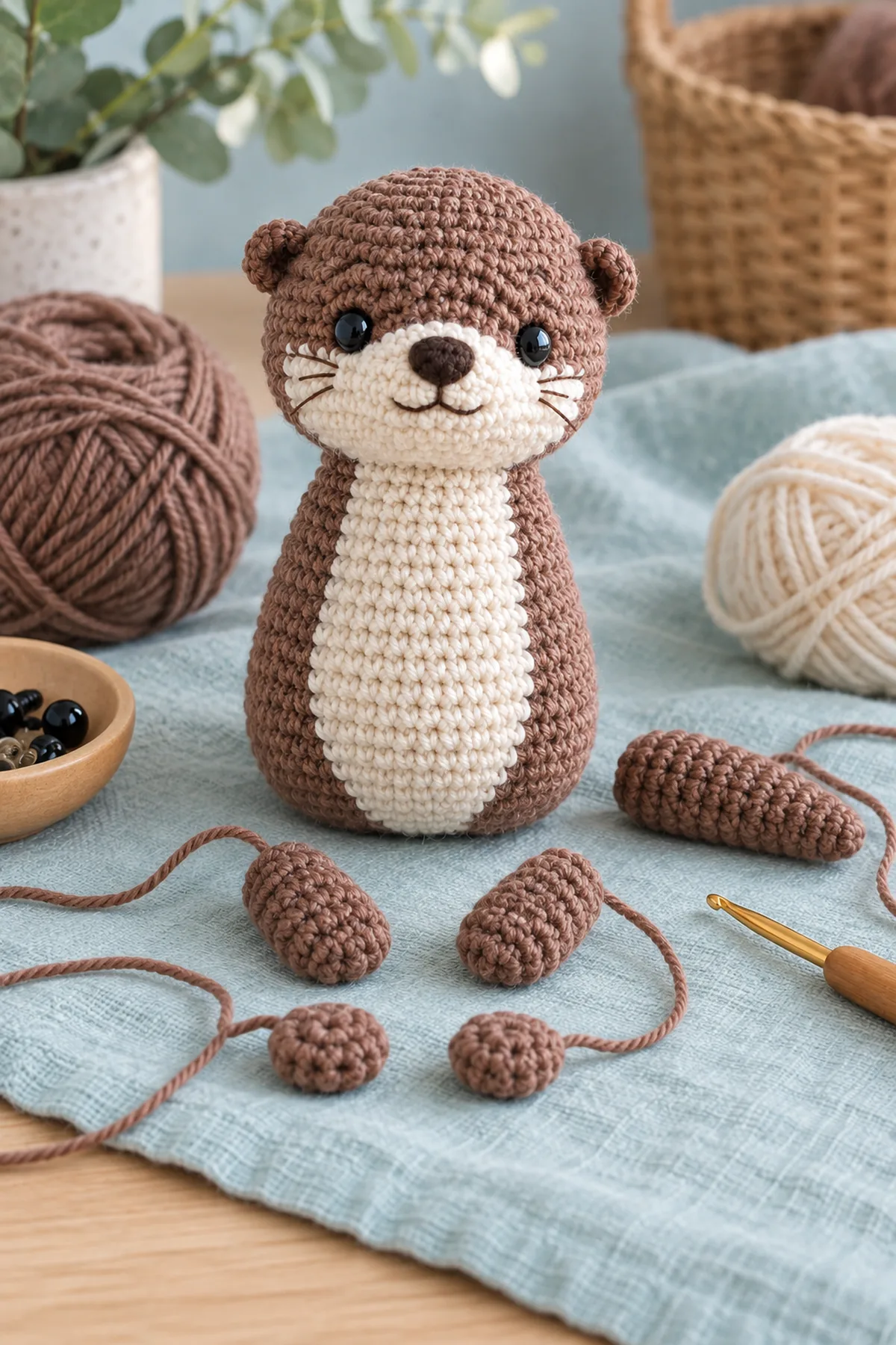 Mid-process crochet construction and shaping for mini crochet otter amigurumi