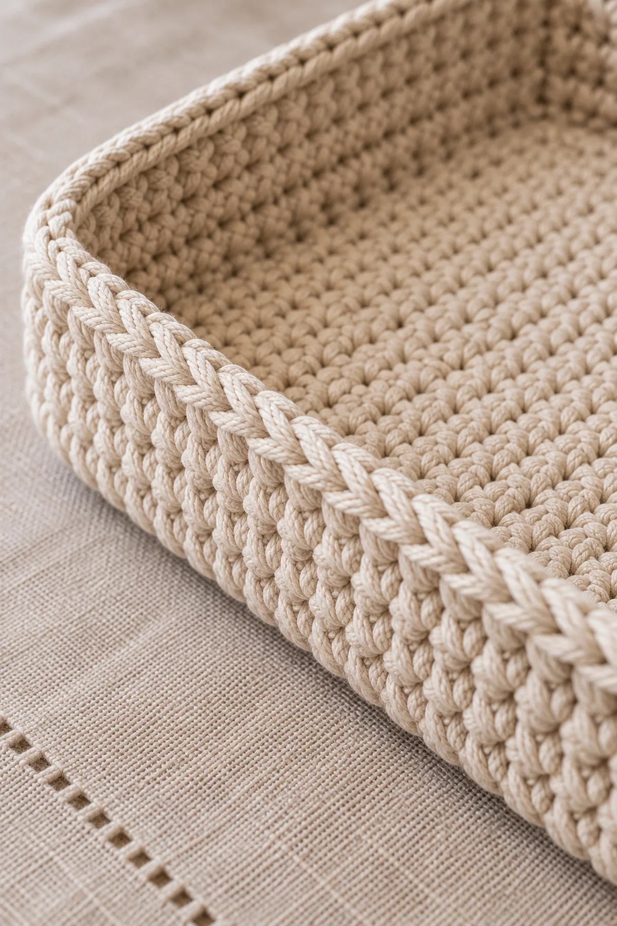 Close-up of stitch texture and finishing details on small crochet catchall tray basket pattern