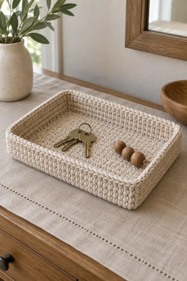 Finished small crochet catchall tray basket pattern displayed with a clean handmade finish