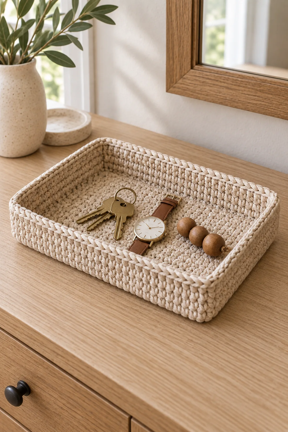 Finished small crochet catchall tray basket pattern styled in a bright natural setting