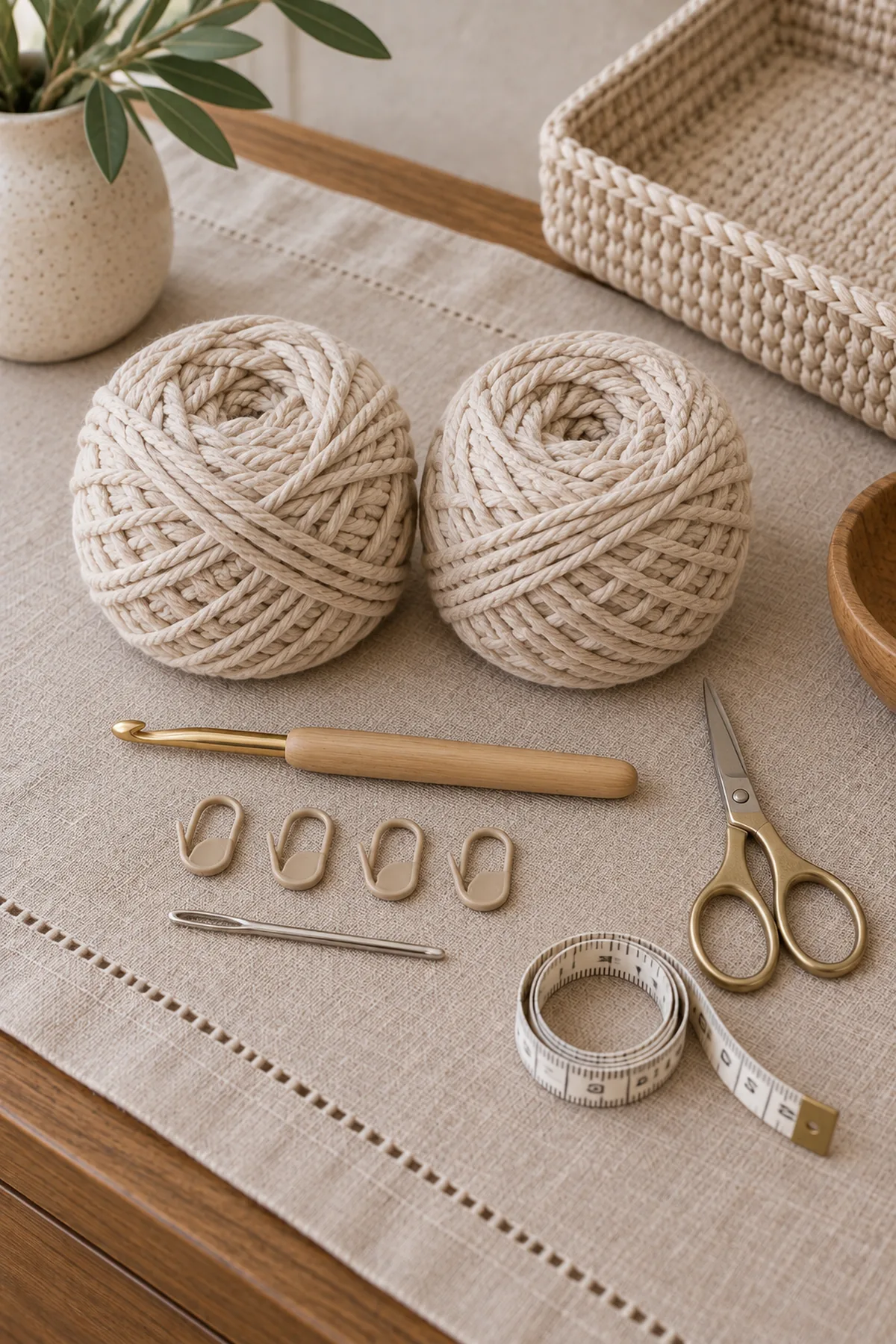 Materials for small crochet catchall tray basket pattern including yarn, crochet hook, markers, needle, tape measure, and scissors
