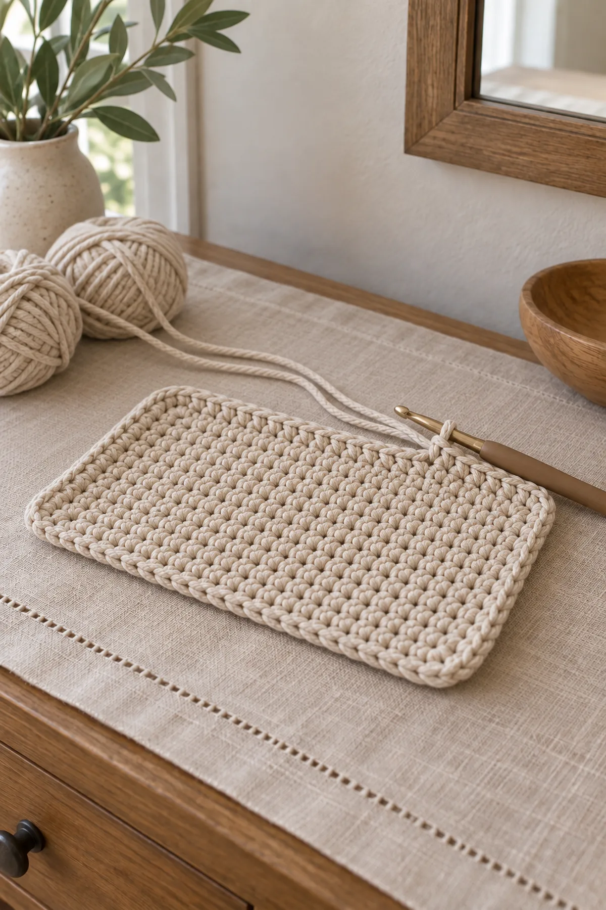 Early crochet construction stage for small crochet catchall tray basket pattern with working yarn and hook