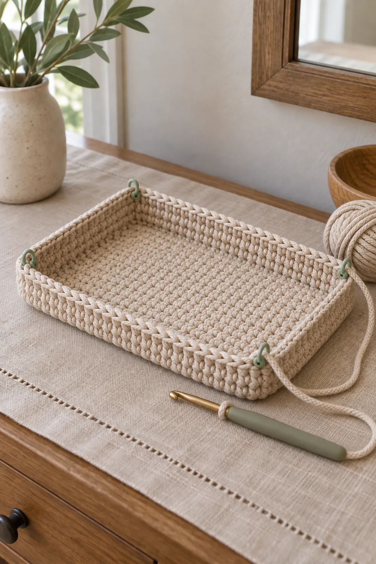 Mid-process crochet construction and shaping for small crochet catchall tray basket pattern